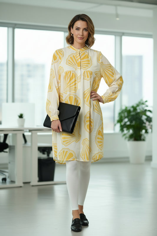 Women's Elegant Yellow Shell Print Flared Tunic Dress