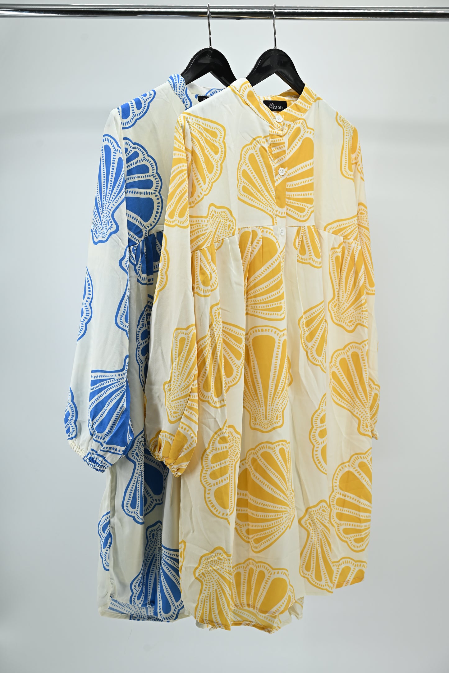 Women's Elegant Yellow Shell Print Flared Tunic Dress