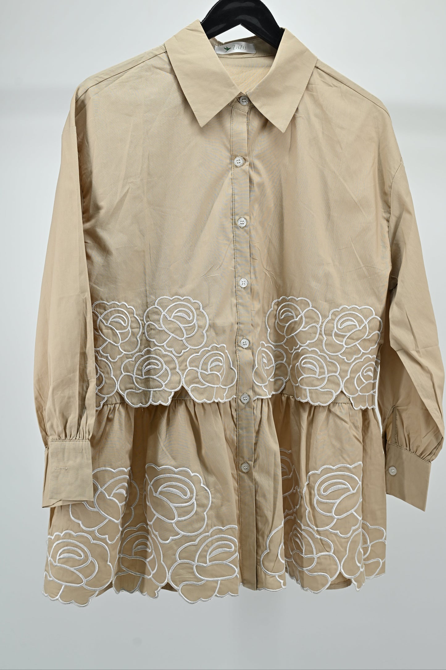 Beige Floral Embroidered Peplum Shirt – Elegant Women’s Top