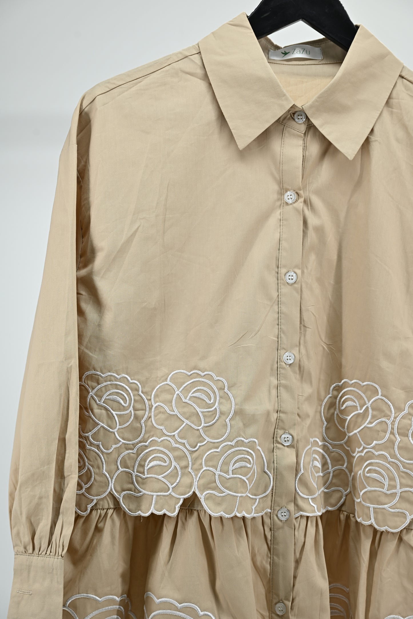 Beige Floral Embroidered Peplum Shirt – Elegant Women’s Top
