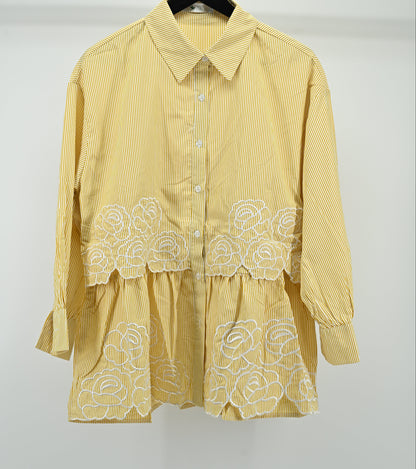 Women’s Elegant Yellow Striped Embroidered Peplum Tunic Top