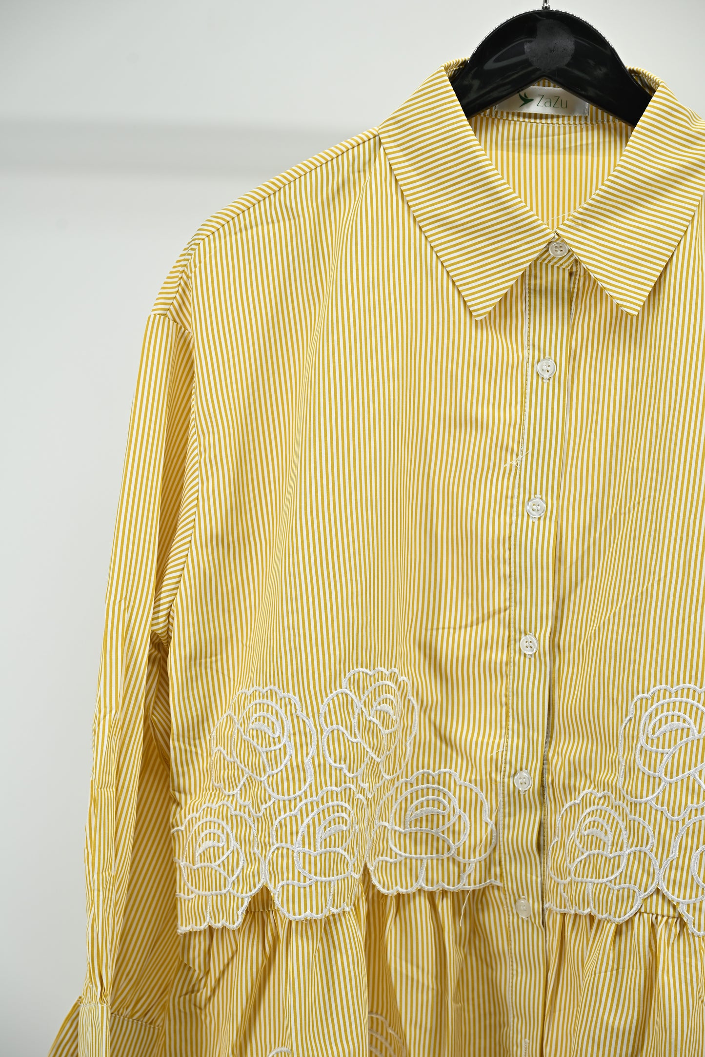 Women’s Elegant Yellow Striped Embroidered Peplum Tunic Top