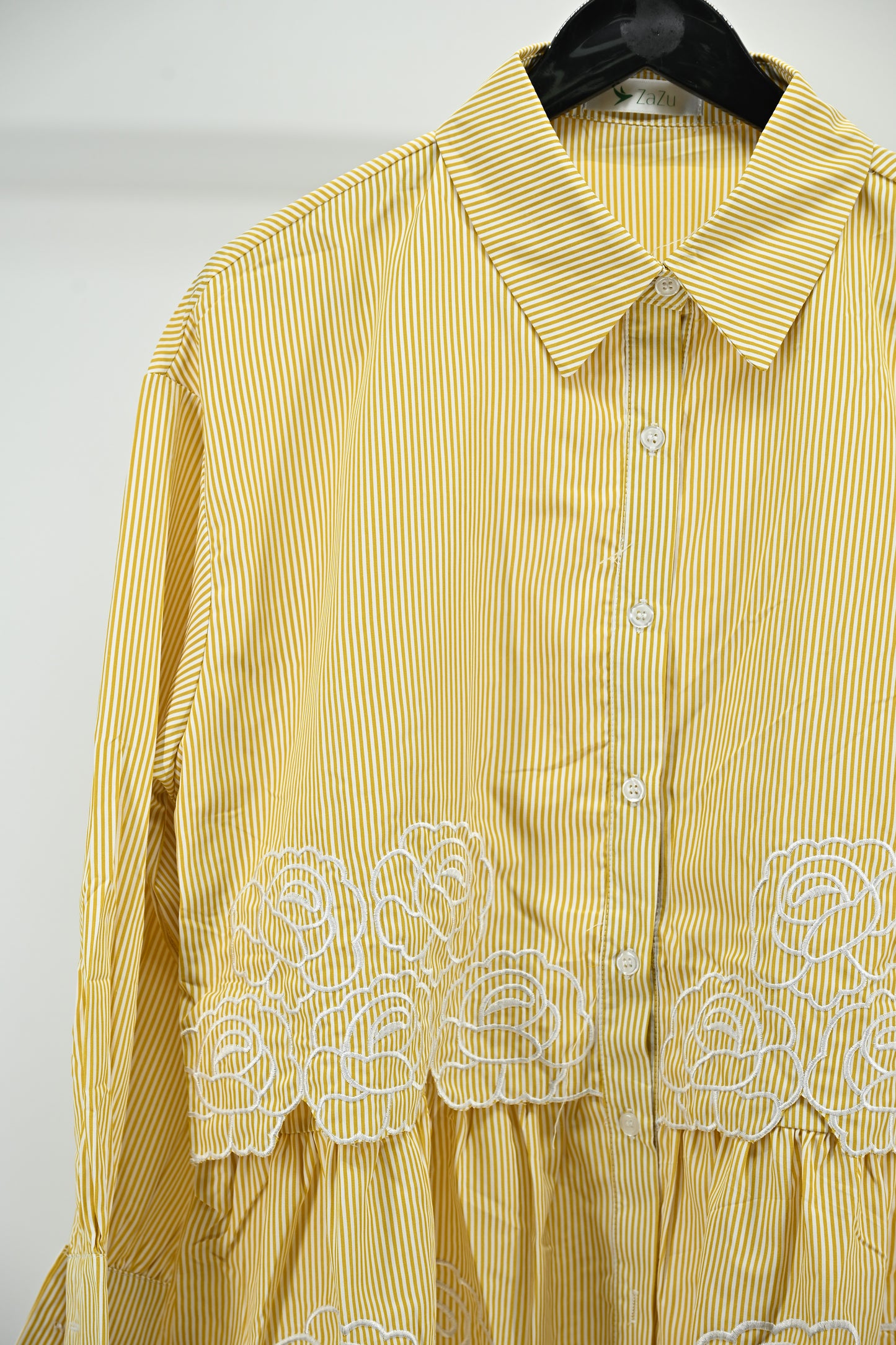 Women’s Elegant Yellow Striped Embroidered Peplum Tunic Top