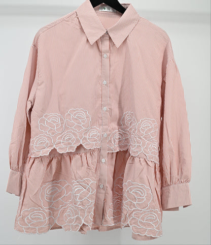 Women’s Elegant Peach Striped Embroidered Peplum Tunic Top