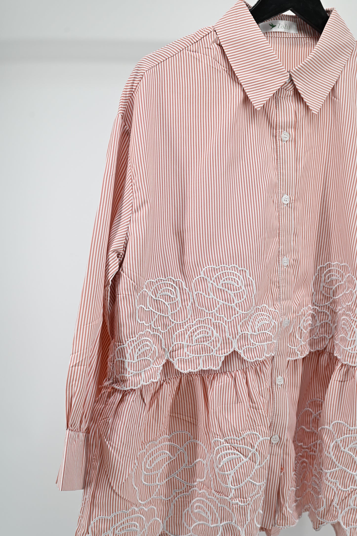 Women’s Elegant Peach Striped Embroidered Peplum Tunic Top