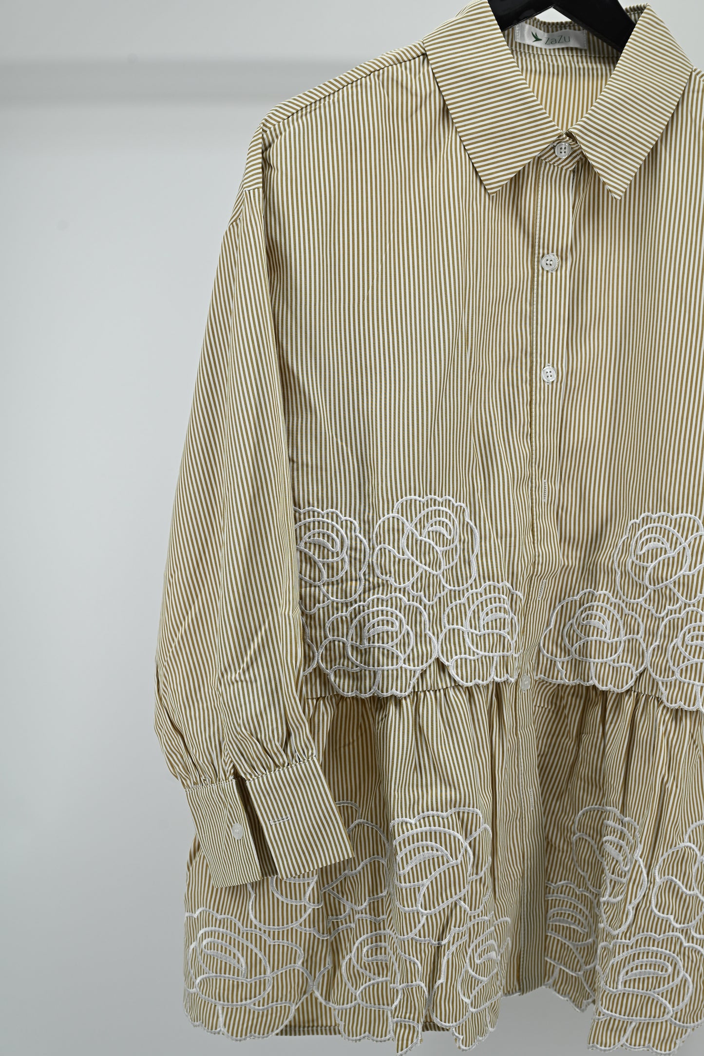 Women’s Elegant Beige Striped Embroidered Peplum Tunic Top