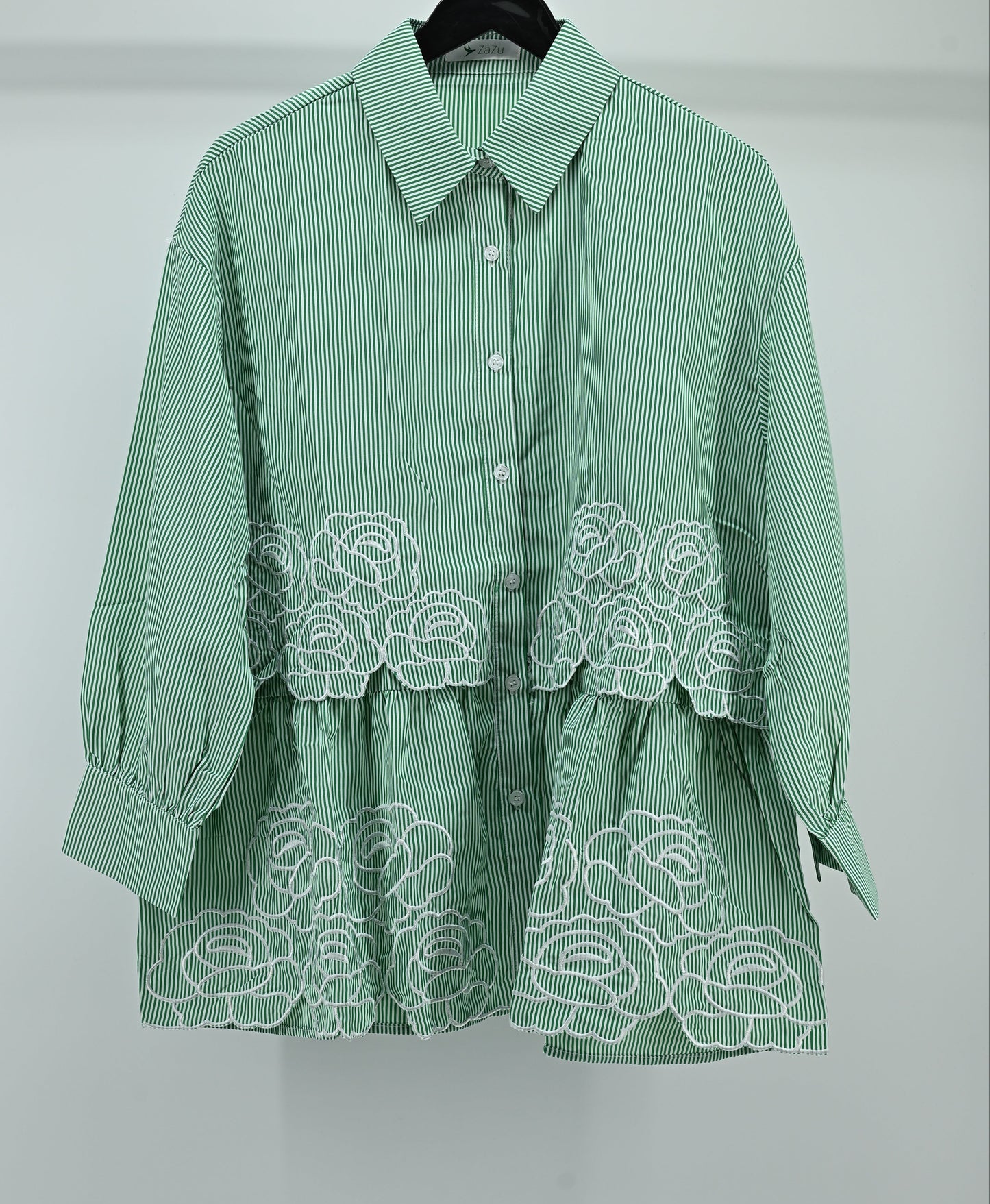 Women’s Elegant Green Striped Embroidered Peplum Tunic Top