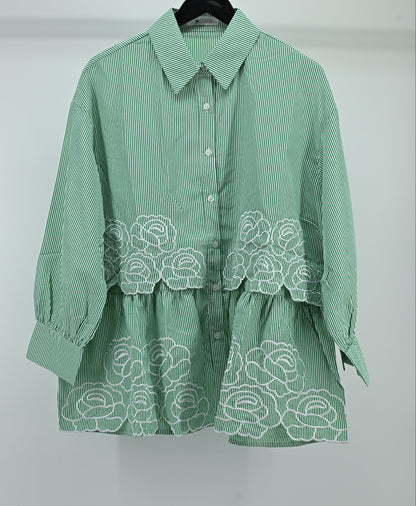 Women’s Elegant Green Striped Embroidered Peplum Tunic Top