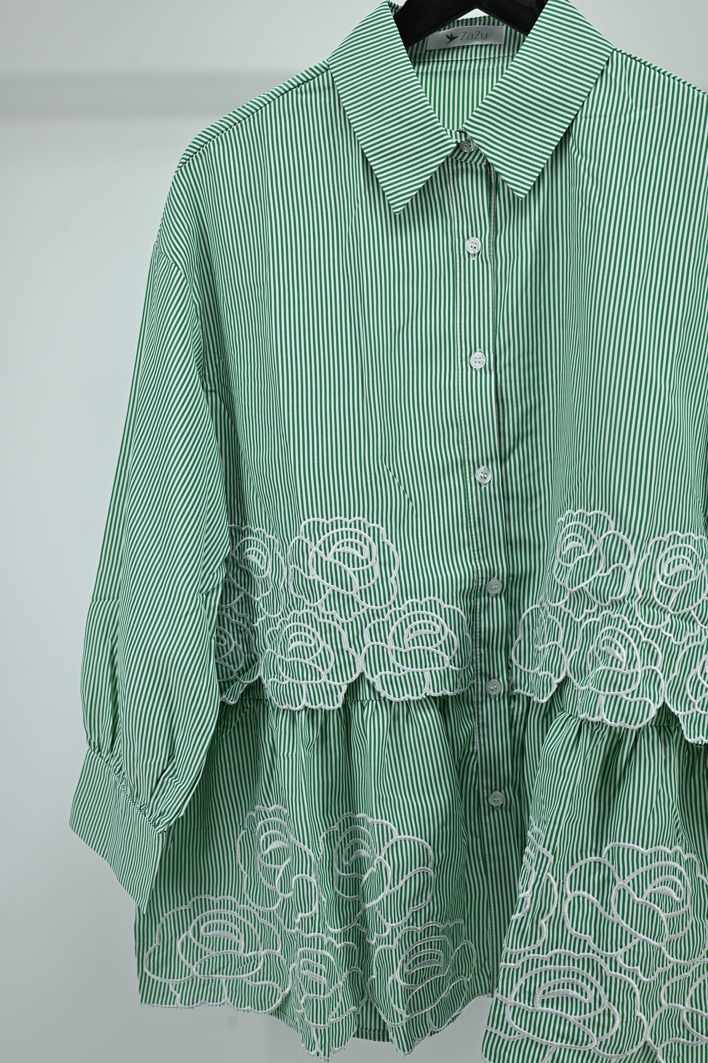 Women’s Elegant Green Striped Embroidered Peplum Tunic Top
