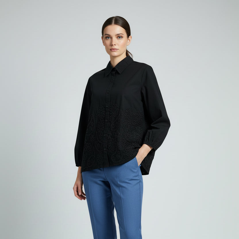 Women’s Elegant Black Embroidered Top – Free Size