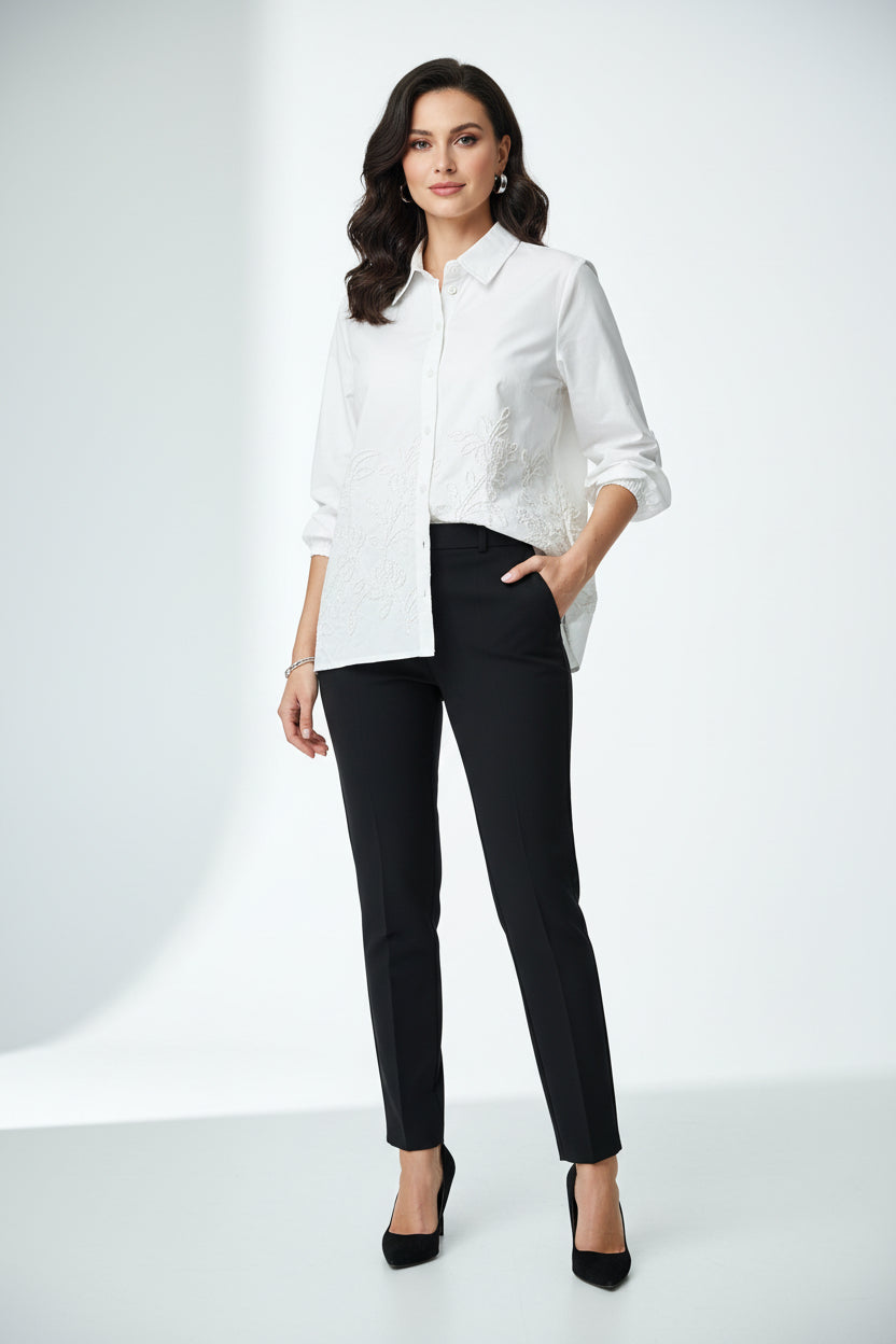 Elegant White Embroidered Cotton Shirt – Women’s Floral Detail Top