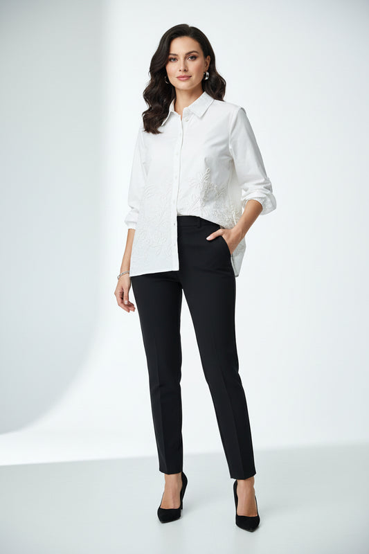 Elegant White Embroidered Cotton Shirt – Women’s Floral Detail Top
