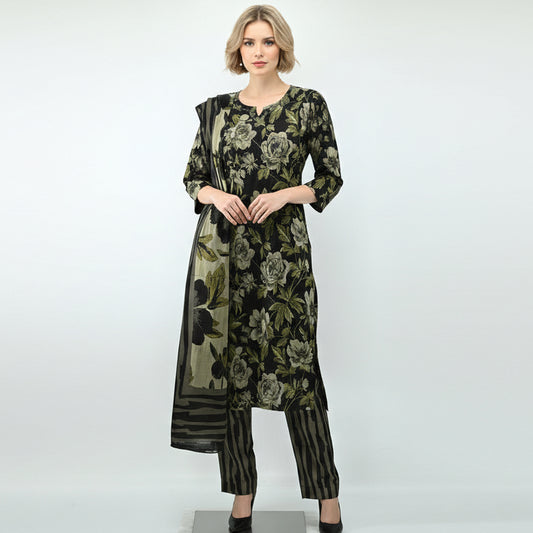 Midnight Bloom Printed Kurta Set with Dupatta | 3-Piece Set |