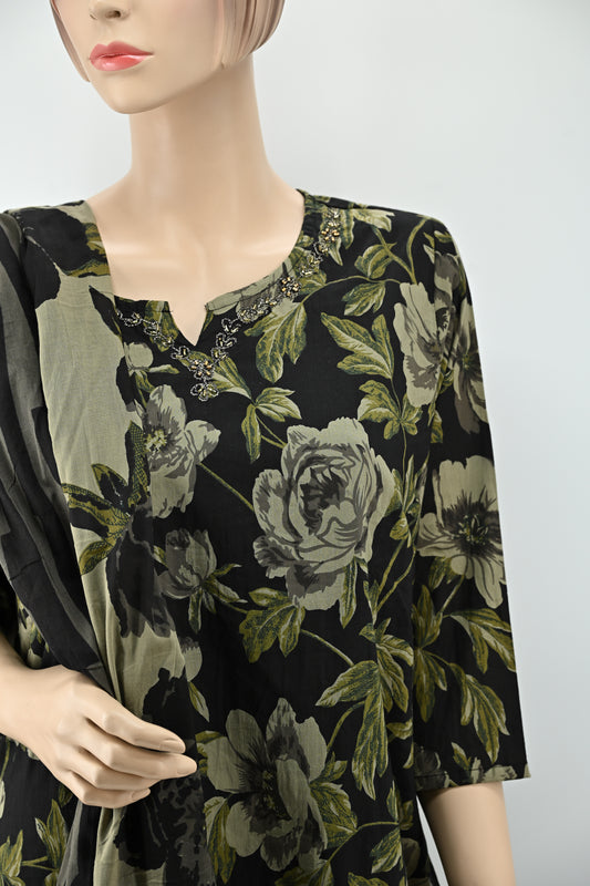 Midnight Bloom Printed Kurta Set with Dupatta | 3-Piece Set |