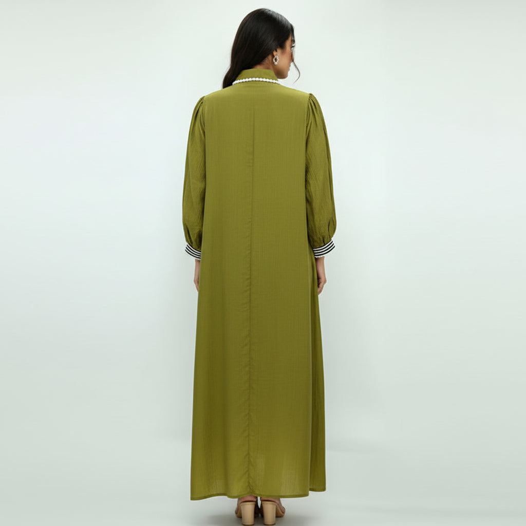 Elegant Olive Green Dress with Lace Trim | Free Size