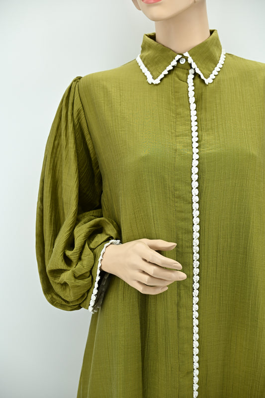 Elegant Olive Green Dress with Lace Trim | Free Size