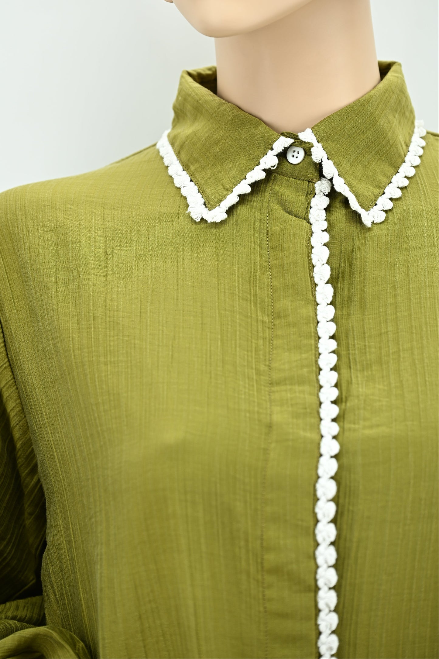 Elegant Olive Green Dress with Lace Trim | Free Size