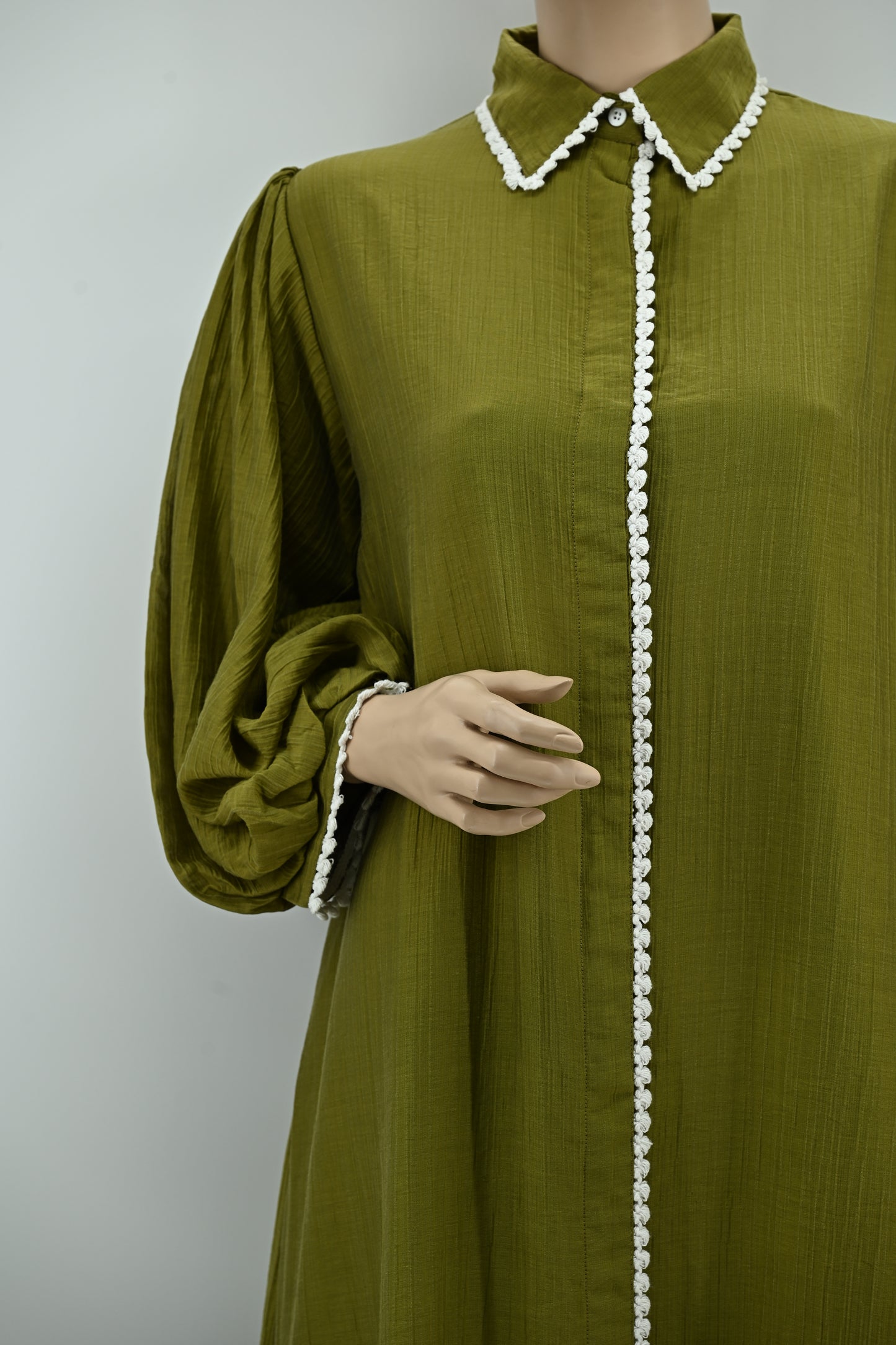 Elegant Olive Green Dress with Lace Trim | Free Size