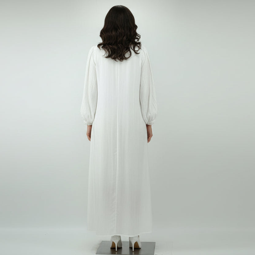 Elegant White Pleated Maxi Dress with Lace Button Detail | Free Size