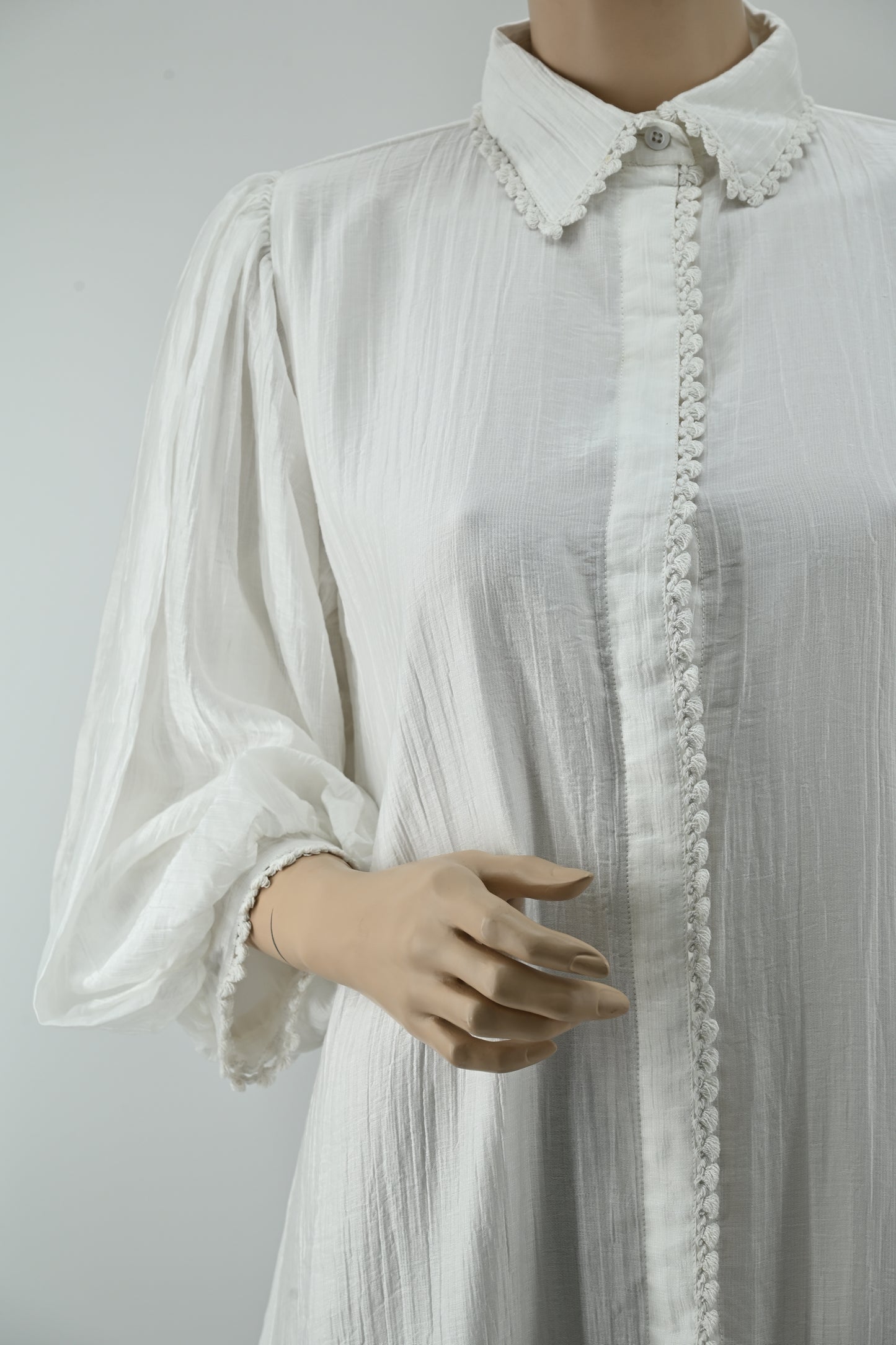 Elegant White Pleated Maxi Dress with Lace Button Detail | Free Size