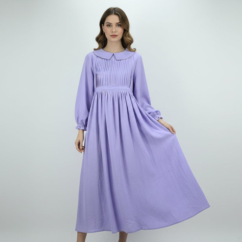 Elegant Lavender Pleated Maxi Dress with Lace Button Detail | Free Size