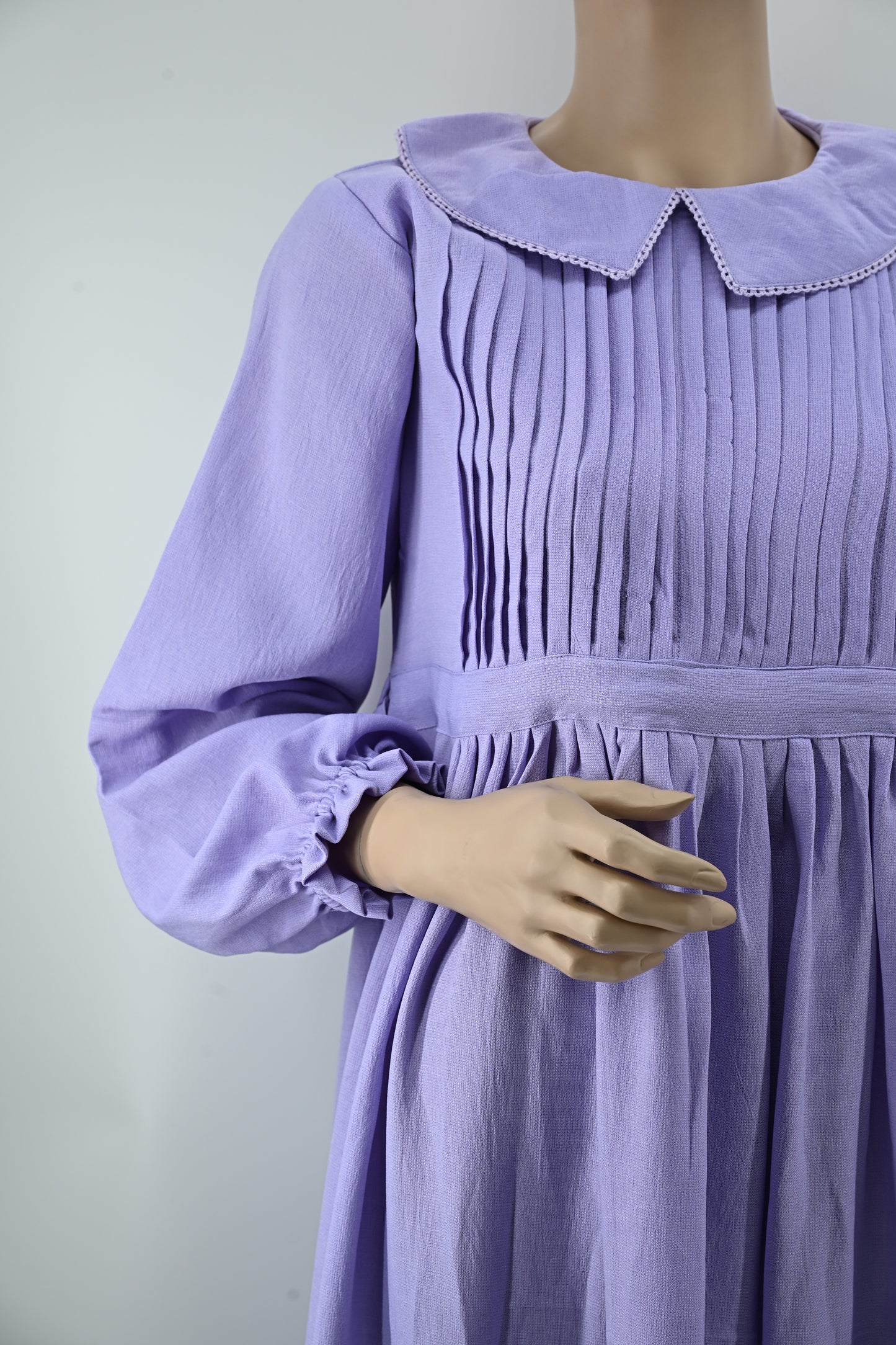 Elegant Lavender Pleated Maxi Dress with Lace Button Detail | Free Size