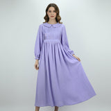 Elegant Lavender Pleated Maxi Dress with Lace Button Detail | Free Size