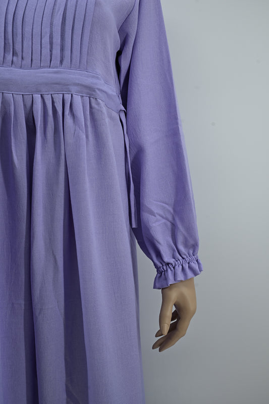 Elegant Lavender Pleated Maxi Dress with Lace Button Detail | Free Size