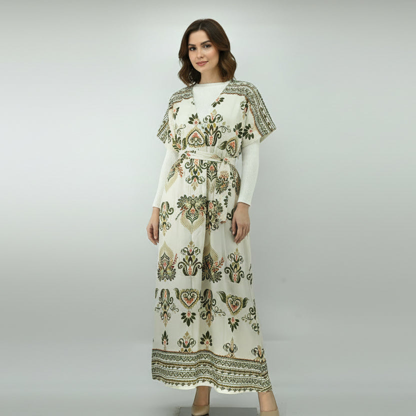 Elegant Ivory Floral Printed Maxi Dress with Waist Tie | Free Size | 2 Piece Set