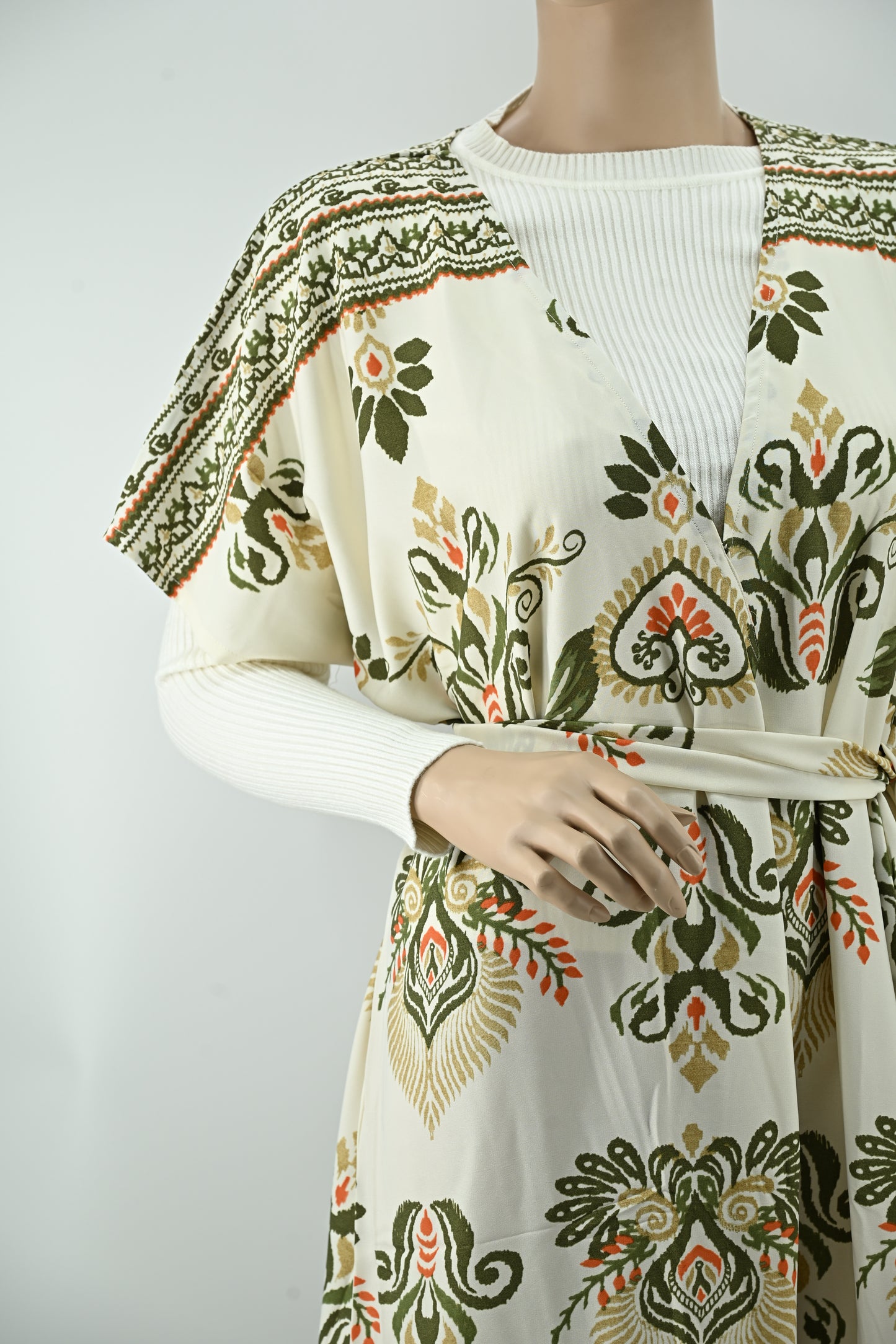 Elegant Ivory Floral Printed Maxi Dress with Waist Tie | Free Size | 2 Piece Set