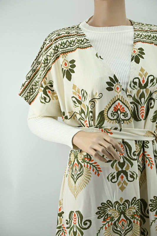 Elegant Ivory Floral Printed Maxi Dress with Waist Tie | Free Size | 2 Piece Set
