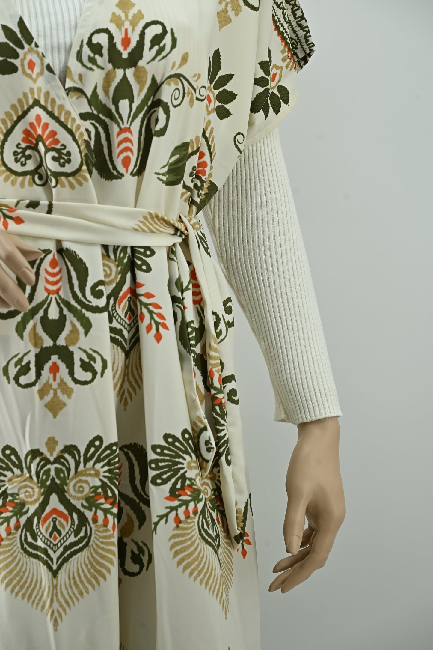 Elegant Ivory Floral Printed Maxi Dress with Waist Tie | Free Size | 2 Piece Set