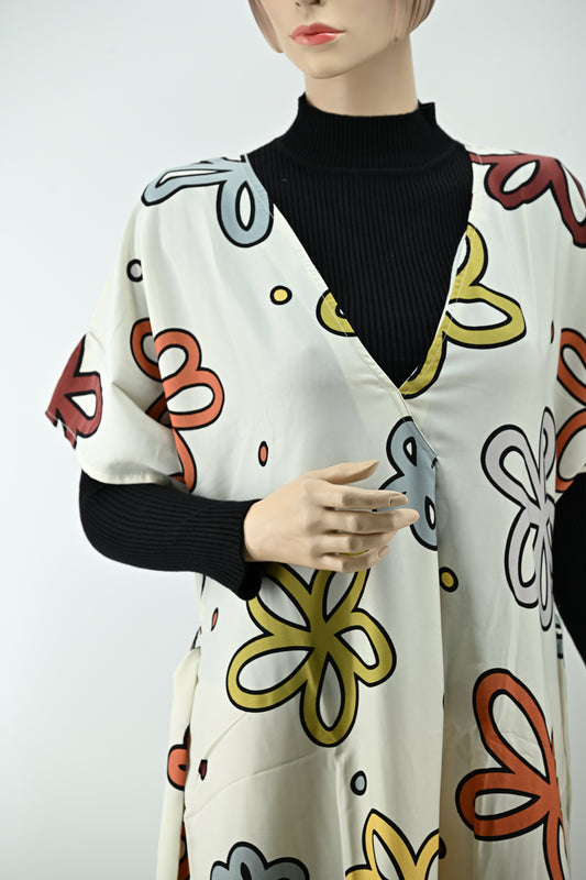 Elegant Cream Floral Print Maxi Dress with Stretchable Inner | Free Size | 2 Piece Set