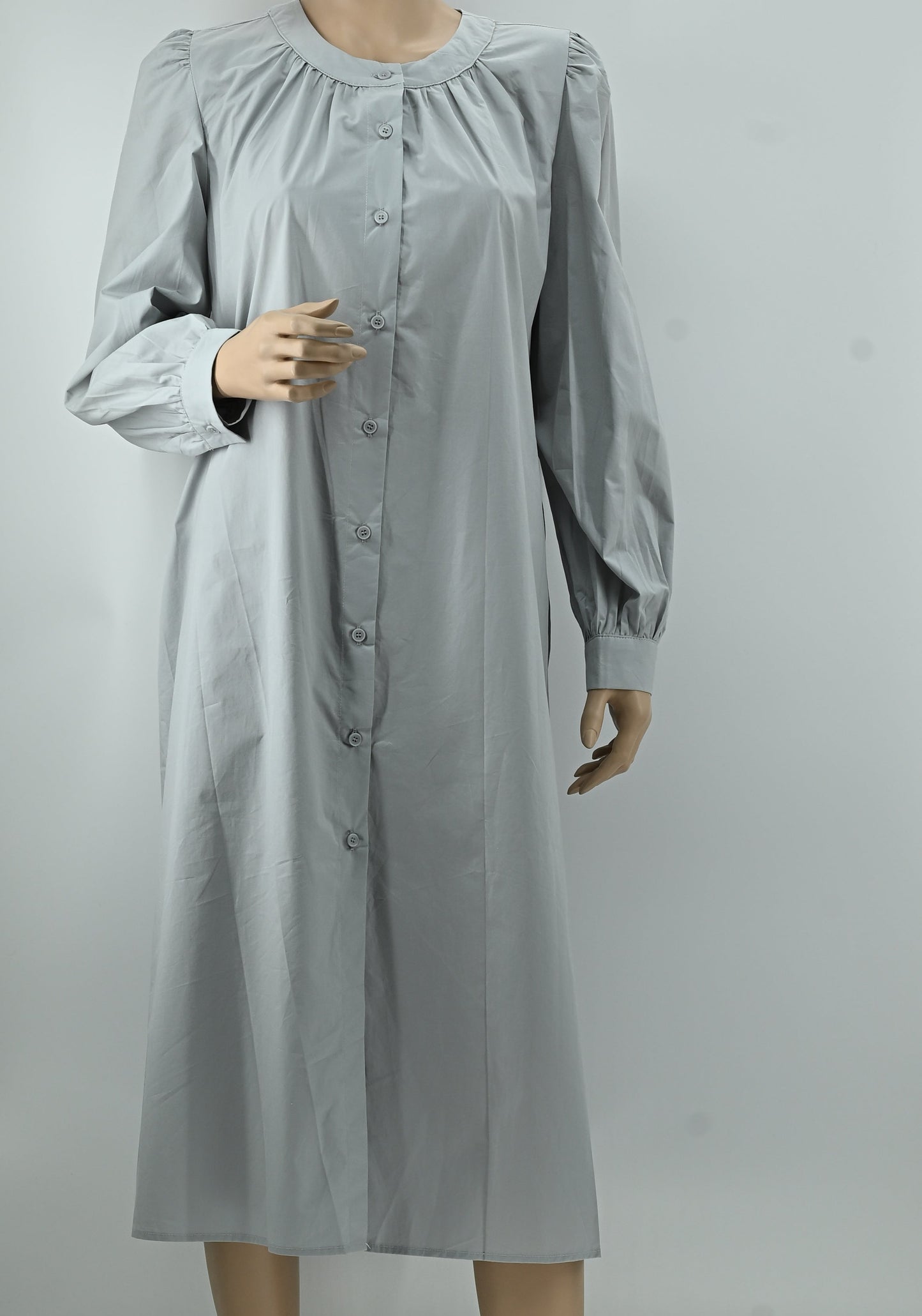 Women’s Light Grey Button-Down Midi Dress – Elegant Minimal Style- Free size