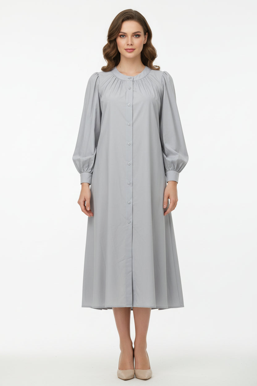 Women’s Light Grey Button-Down Midi Dress – Elegant Minimal Style- Free size