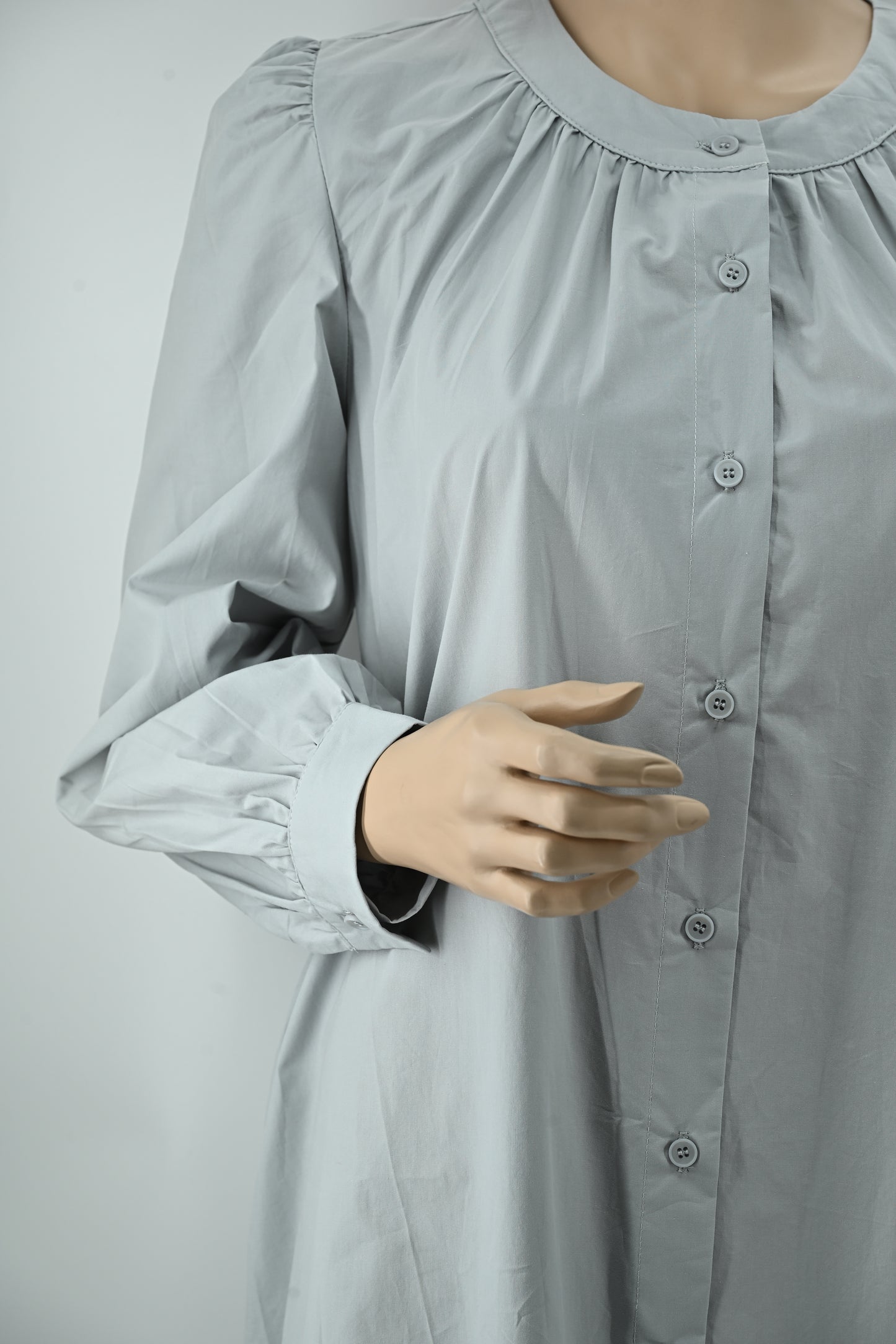 Women’s Light Grey Button-Down Midi Dress – Elegant Minimal Style- Free size