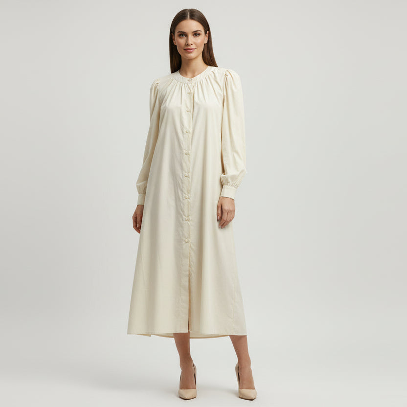 Women’s Light Grey Button-Down Midi Dress – Elegant Minimal Style- Free size