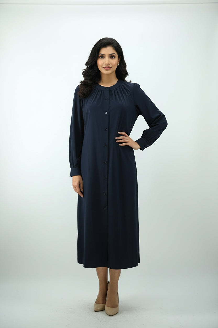 Women’s Light Grey Button-Down Midi Dress – Elegant Minimal Style- Free size