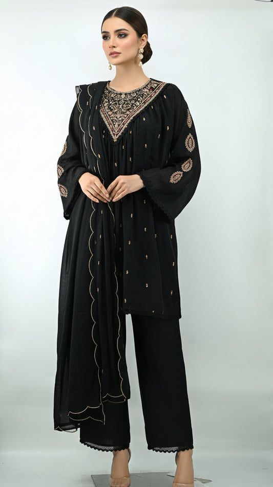 Women’s Black Embroidered Kurta Set with Dupatta