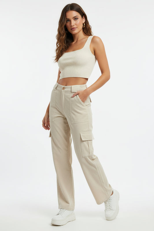 Women’s Beige Cargo Pants with Utility Pockets | Stylish Casual Trousers