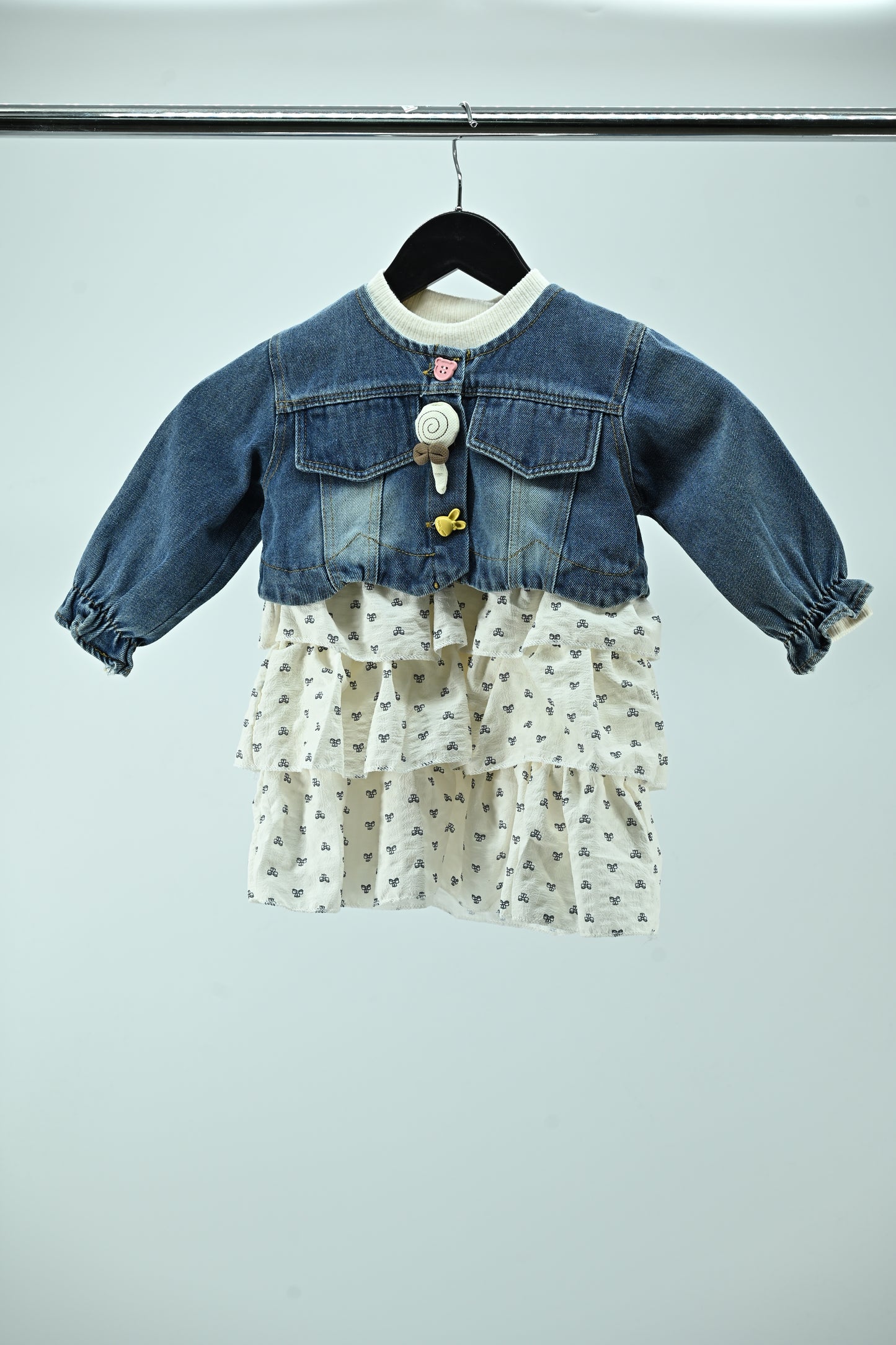 Girls Denim Jacket Dress with Cotton Printed Skirt (2-Piece Set)