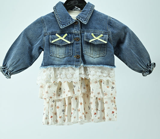 Girls Denim Jacket Dress with Cotton Printed Skirt Model 3 (2-Piece Set)
