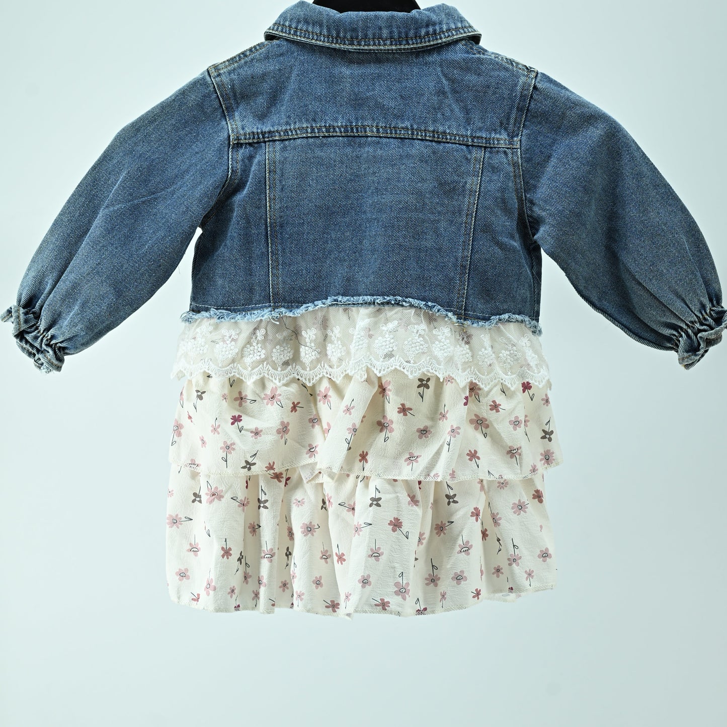 Girls Denim Jacket Dress with Cotton Printed Skirt Model 3 (2-Piece Set)