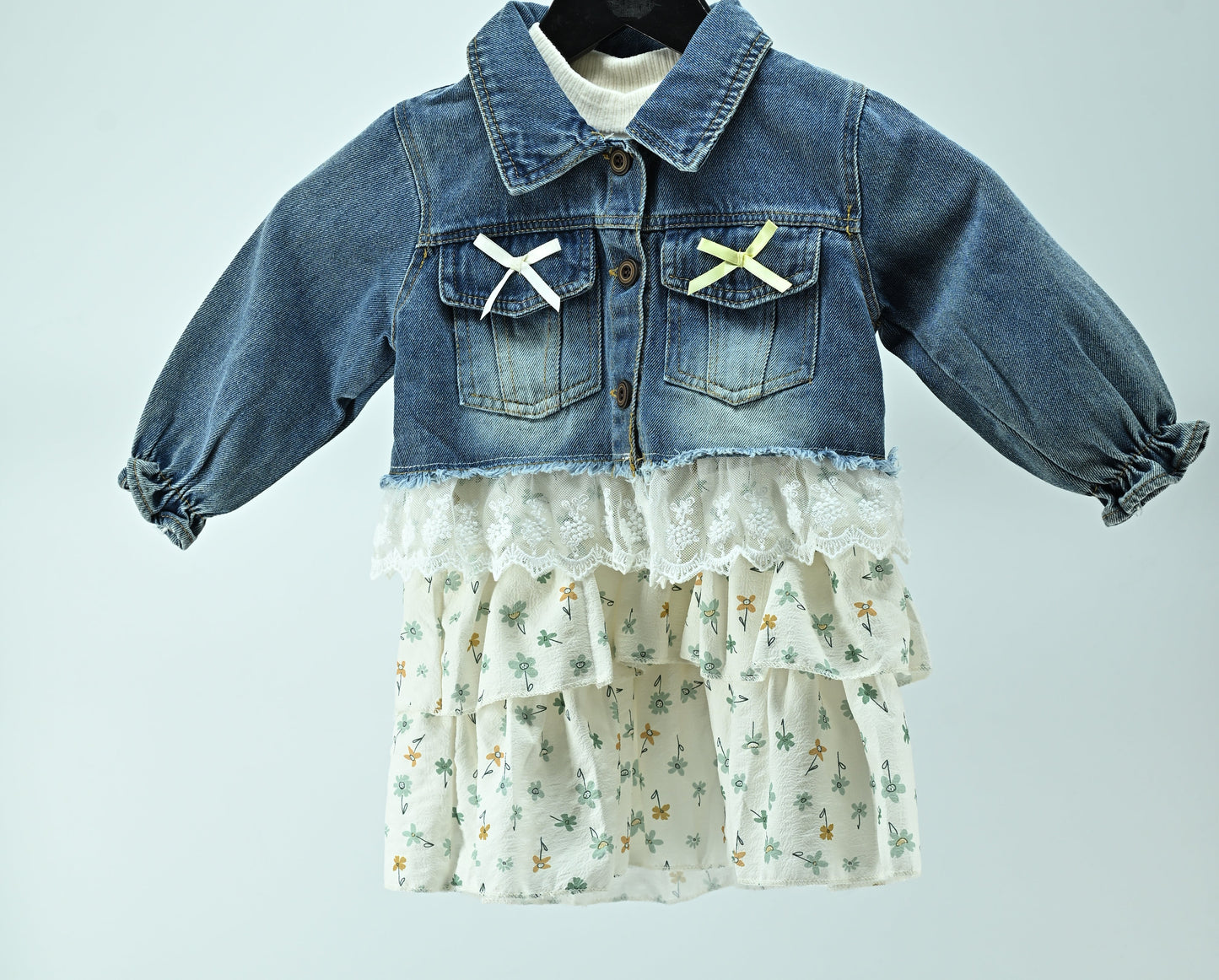 Girls Denim Jacket Style Dress with Floral Cotton Skirt