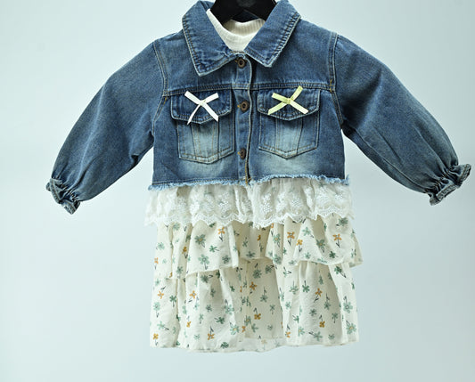 Girls Denim Jacket Style Dress with Floral Cotton Skirt