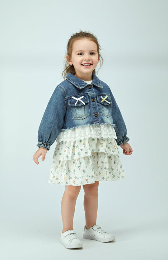 Girls Denim Jacket Dress with Cotton Printed Skirt Model 3 (2-Piece Set)