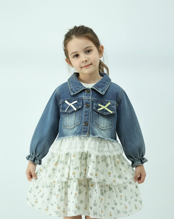 Girls Denim Jacket Dress with Cotton Printed Skirt Model 3 (2-Piece Set)