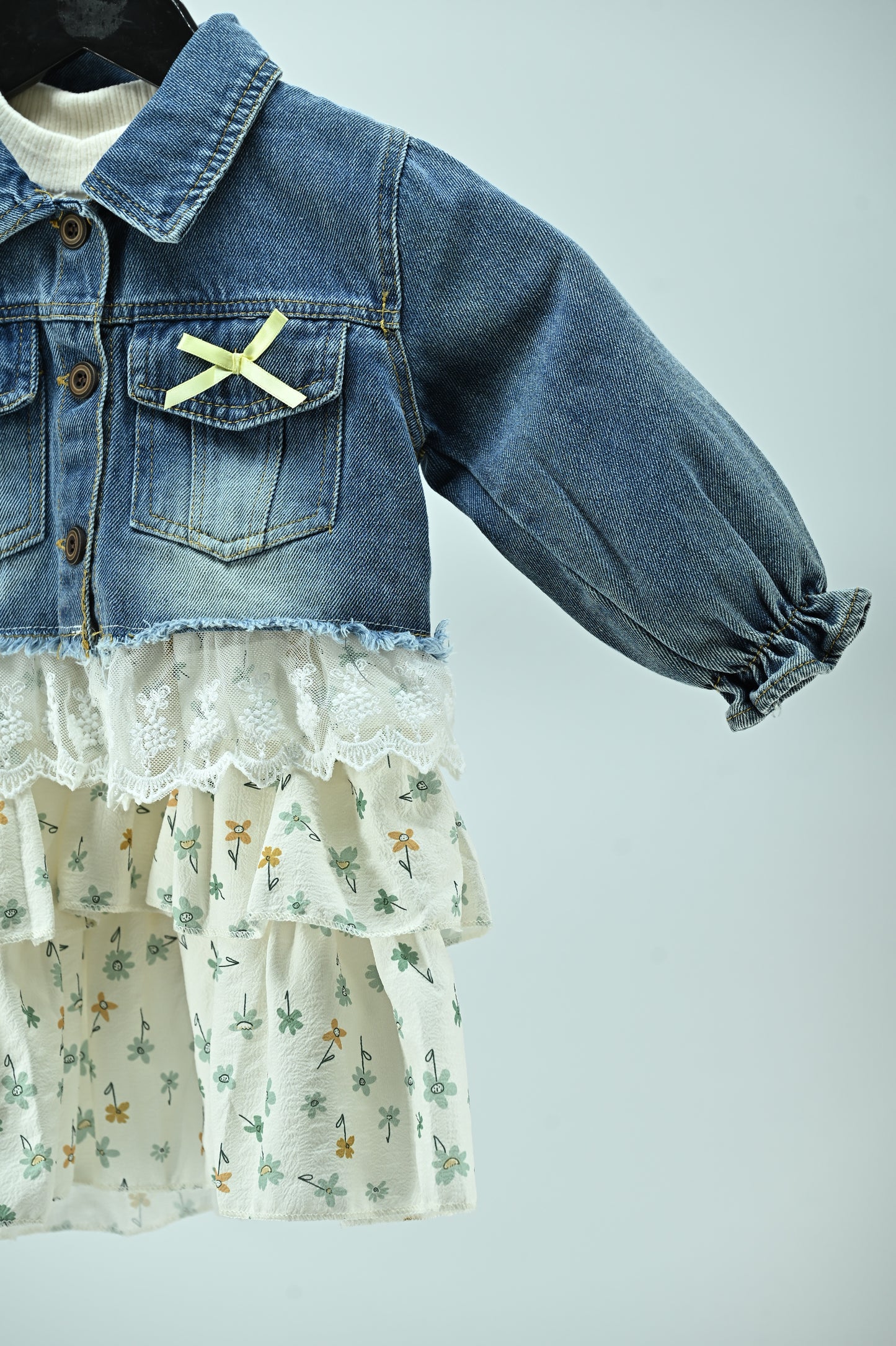 Girls Denim Jacket Style Dress with Floral Cotton Skirt