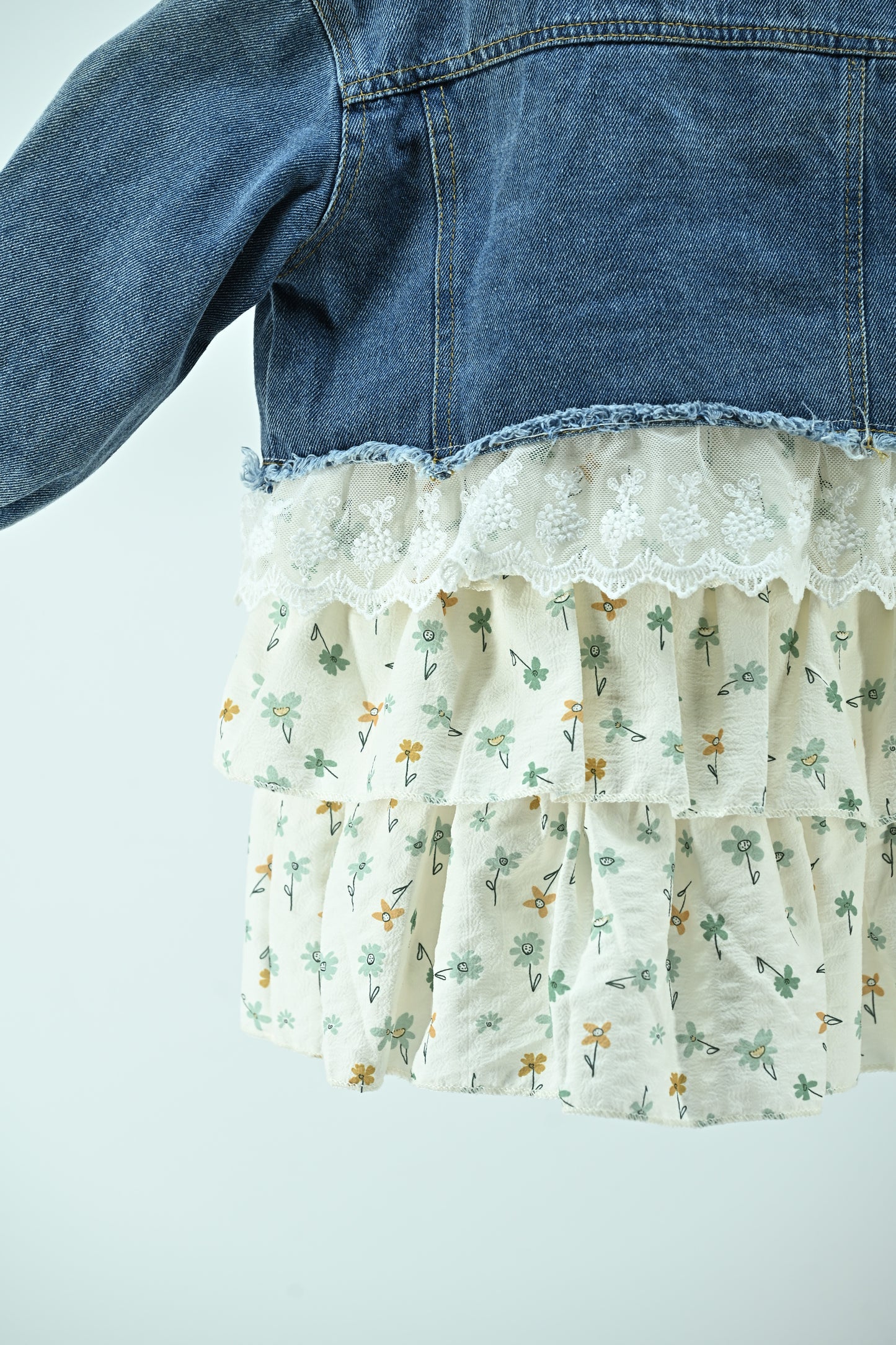 Girls Denim Jacket Style Dress with Floral Cotton Skirt