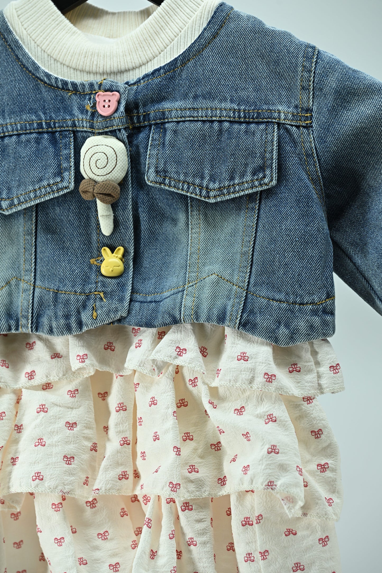 Girls Denim Jacket Dress with Cotton Printed Skirt (2-Piece Set)